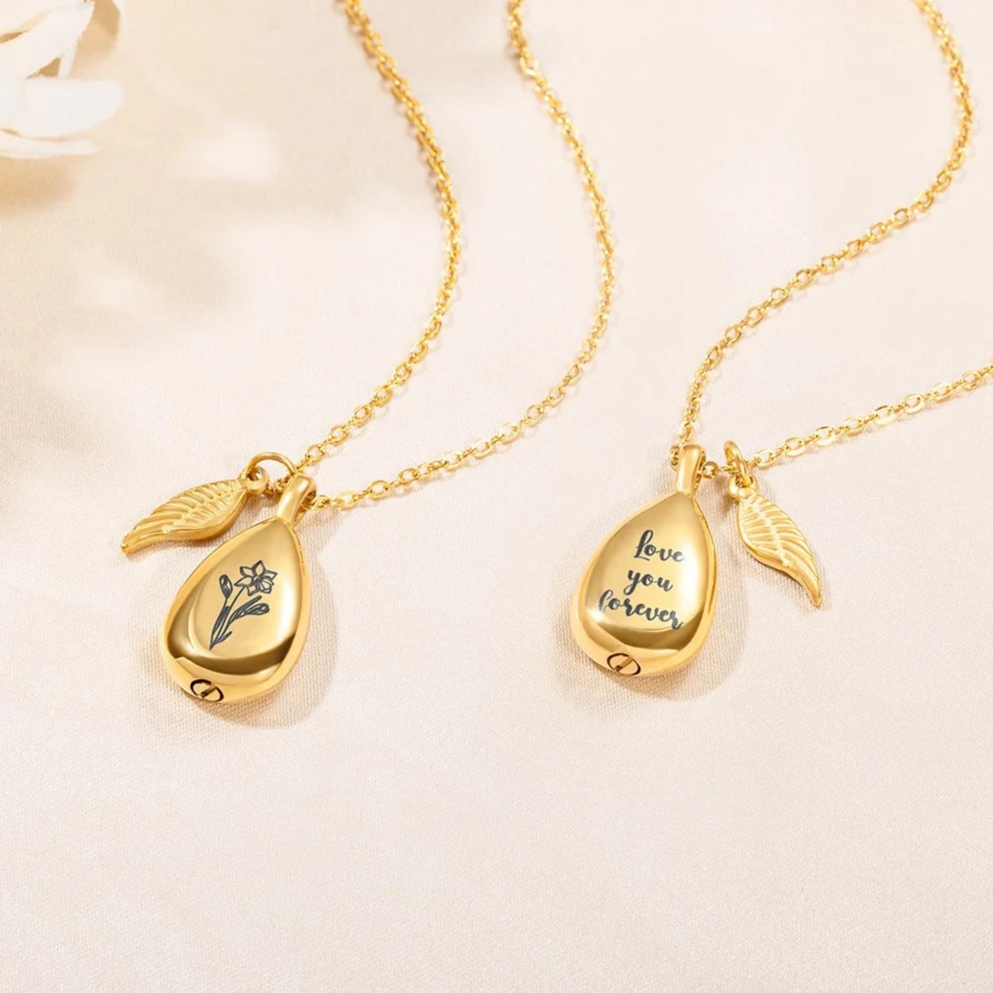 Custom Birth Flower Urn Necklace with Wing