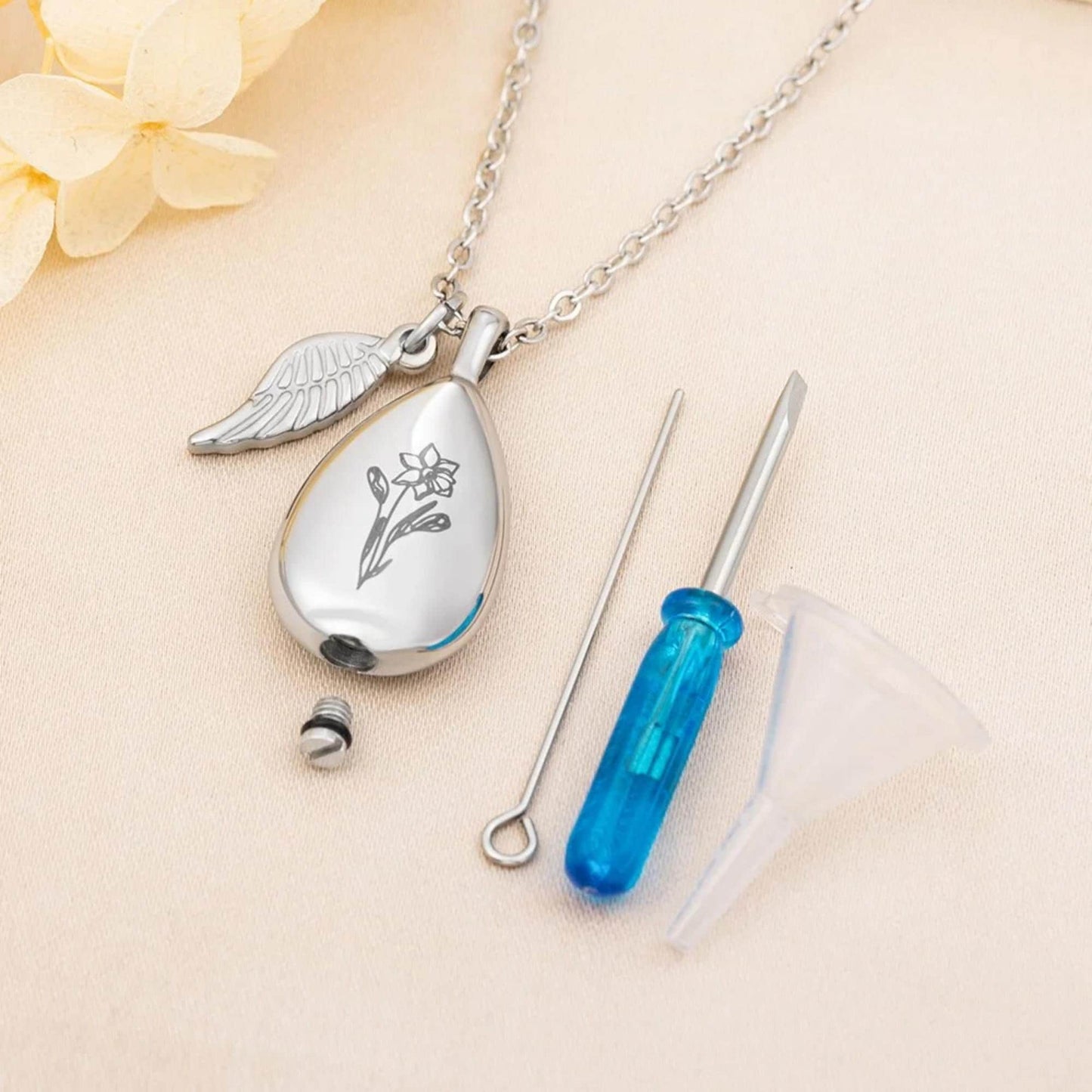 Custom Birth Flower Urn Necklace with Wing