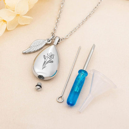 Custom Birth Flower Urn Necklace with Wing