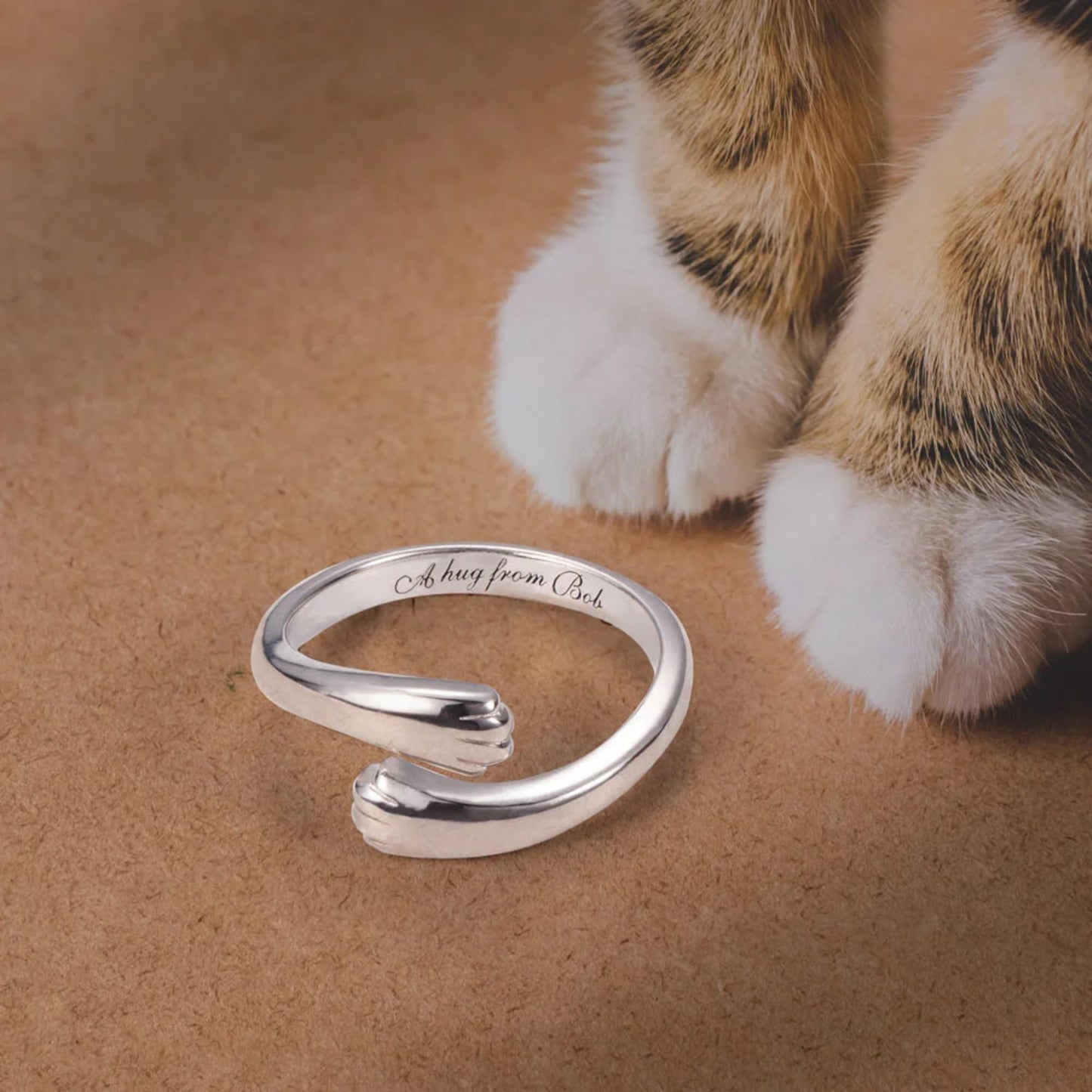 Sterling Silver 925 Engraved Cat Paw Imprint Hug Ring