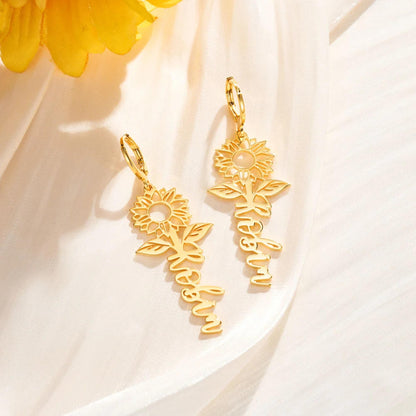 Custom Name Sunflower Huggie Earrings