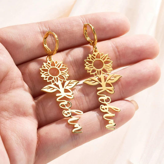 Custom Name Sunflower Huggie Earrings