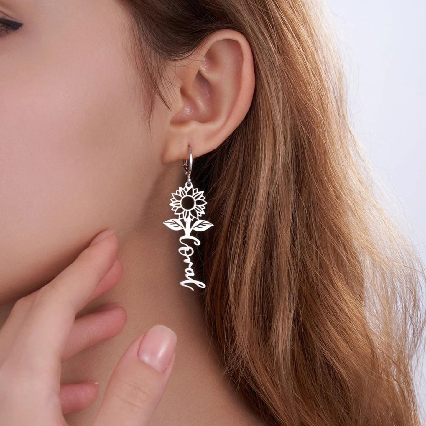 Custom Name Sunflower Huggie Earrings