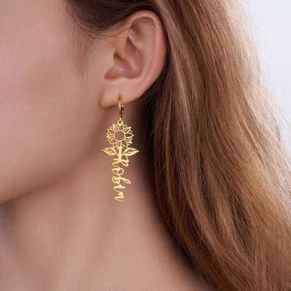 Custom Name Sunflower Huggie Earrings