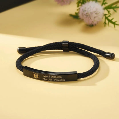Custom Medical Alert Adjustable Soft Rope Bracelet