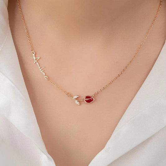 Personalized 3D Tulip Birthstone Necklace with Sideway Name