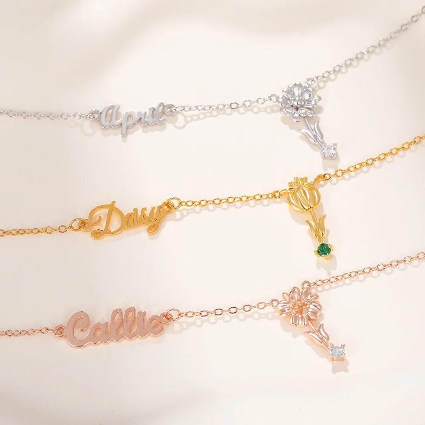 Personalized Sideway Name Necklace with Birthstone & Flower