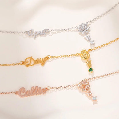 Personalized Sideway Name Necklace with Birthstone & Flower