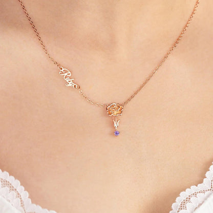 Personalized Sideway Name Necklace with Birthstone & Flower