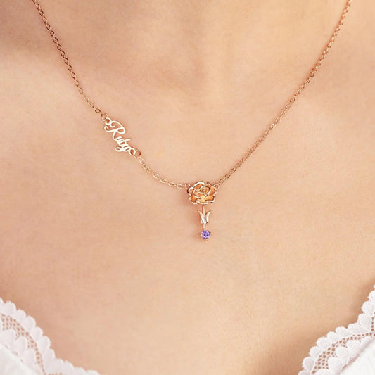 Personalized Sideway Name Necklace with Birthstone & Flower