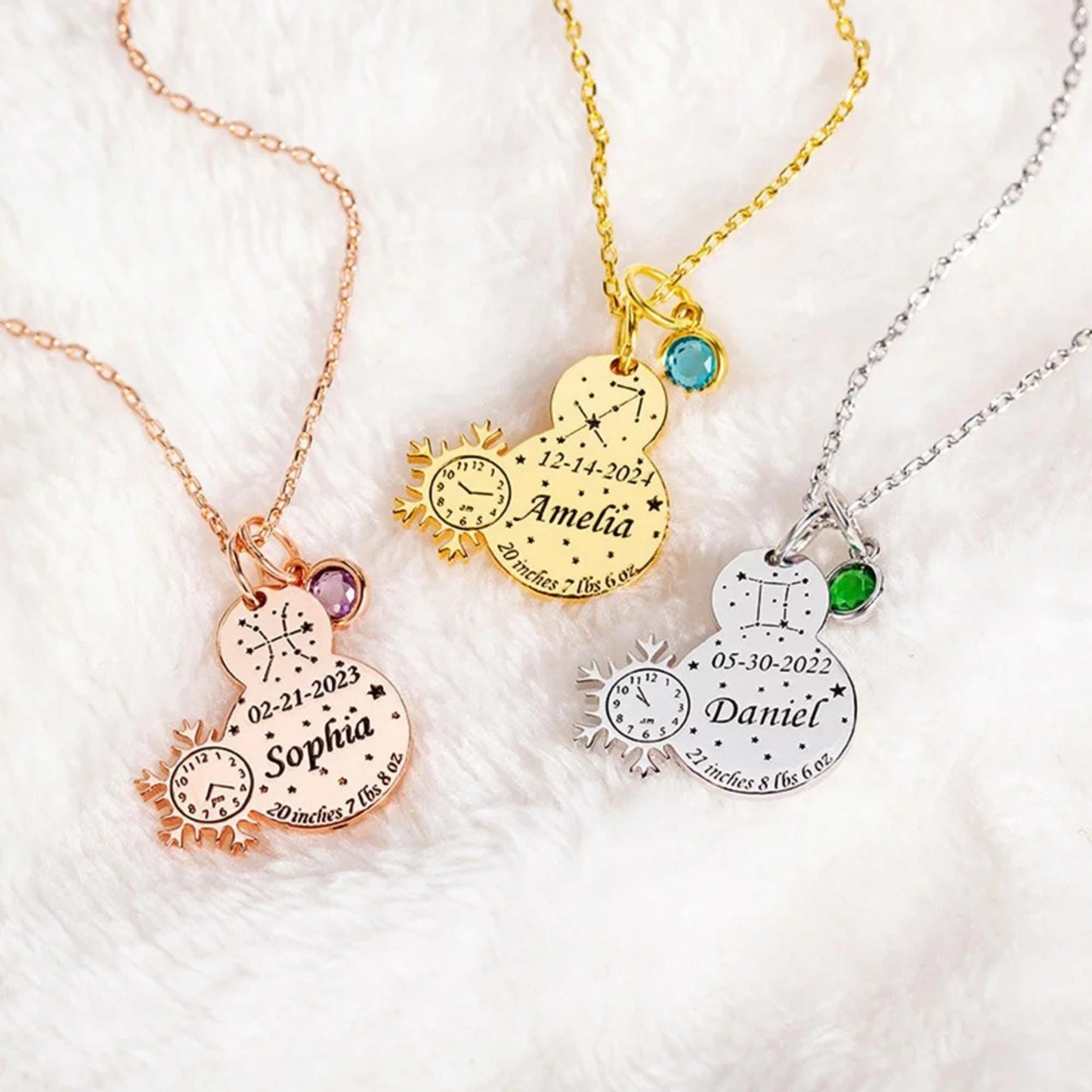 Custom Baby Birth Stats Necklace with Birthstone