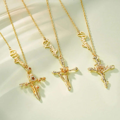 Personalized Birth Flower Cross Pendant Necklace