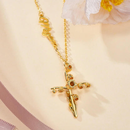 Personalized Birth Flower Cross Pendant Necklace