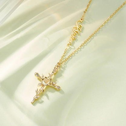 Personalized Birth Flower Cross Pendant Necklace
