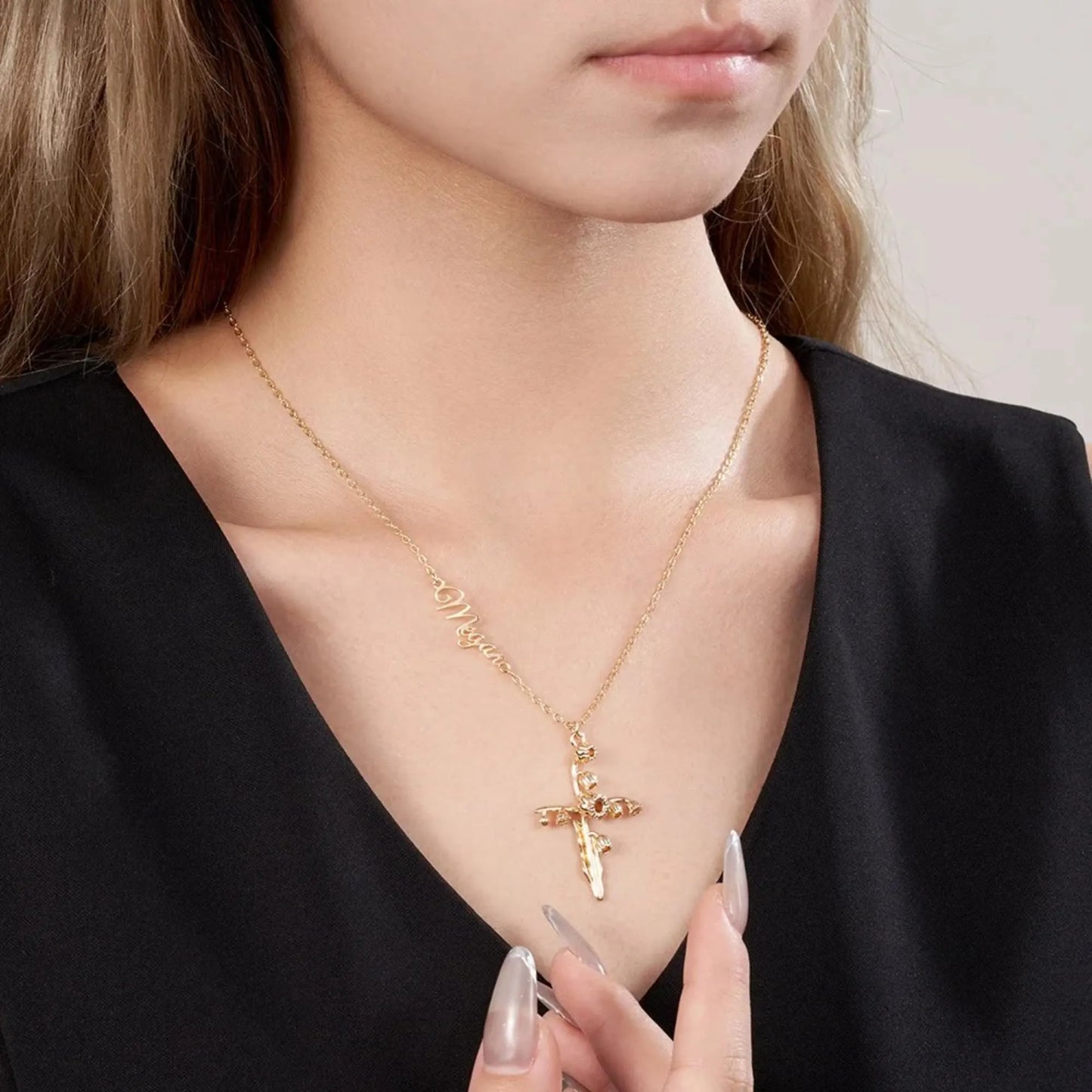 Personalized Birth Flower Cross Pendant Necklace