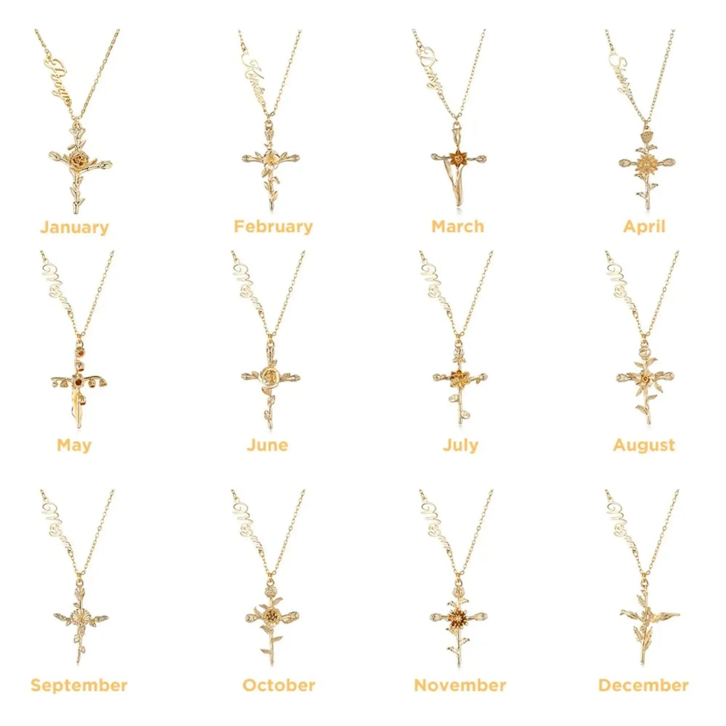 Personalized Birth Flower Cross Pendant Necklace