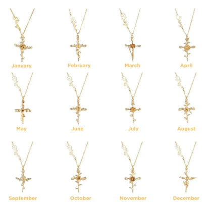 Personalized Birth Flower Cross Pendant Necklace