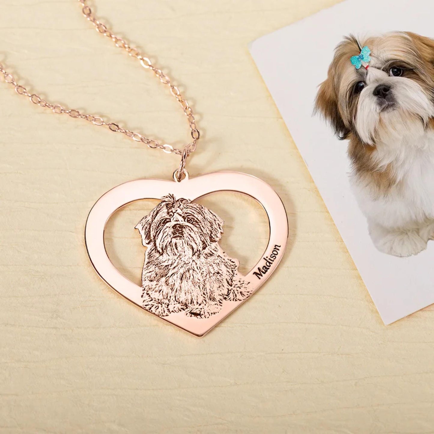 Pet Portrait Necklace Heart Pendant with Engraved Name