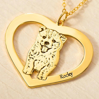 Pet Portrait Necklace Heart Pendant with Engraved Name