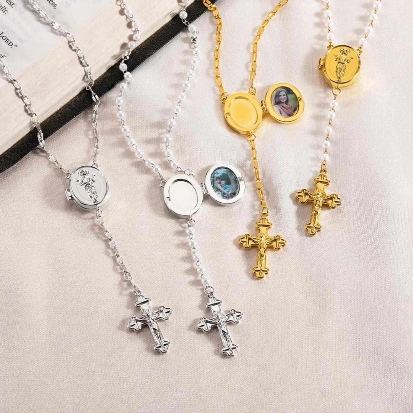 Custom Photo Locket Cross Pendant Rosary Necklace