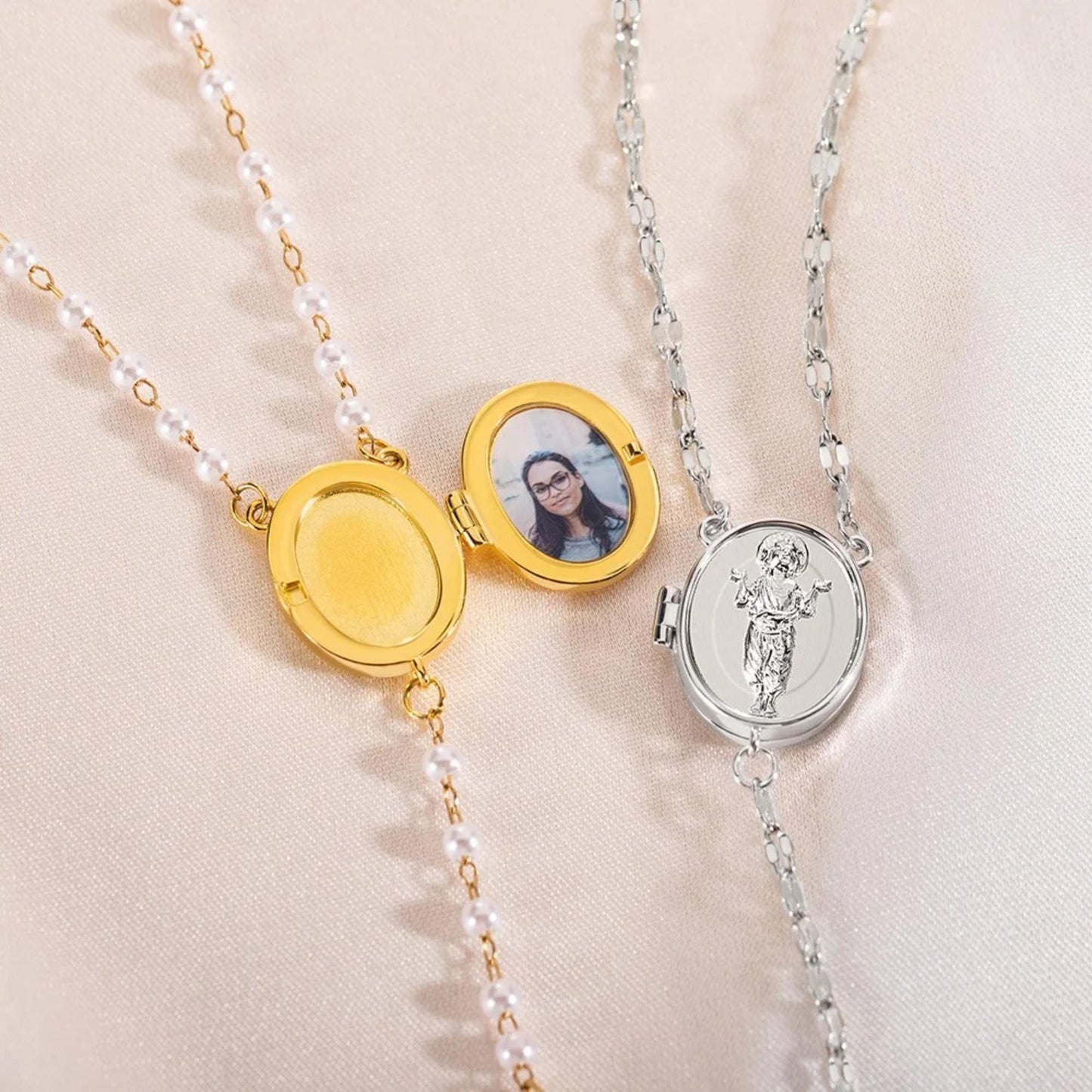 Custom Photo Locket Cross Pendant Rosary Necklace