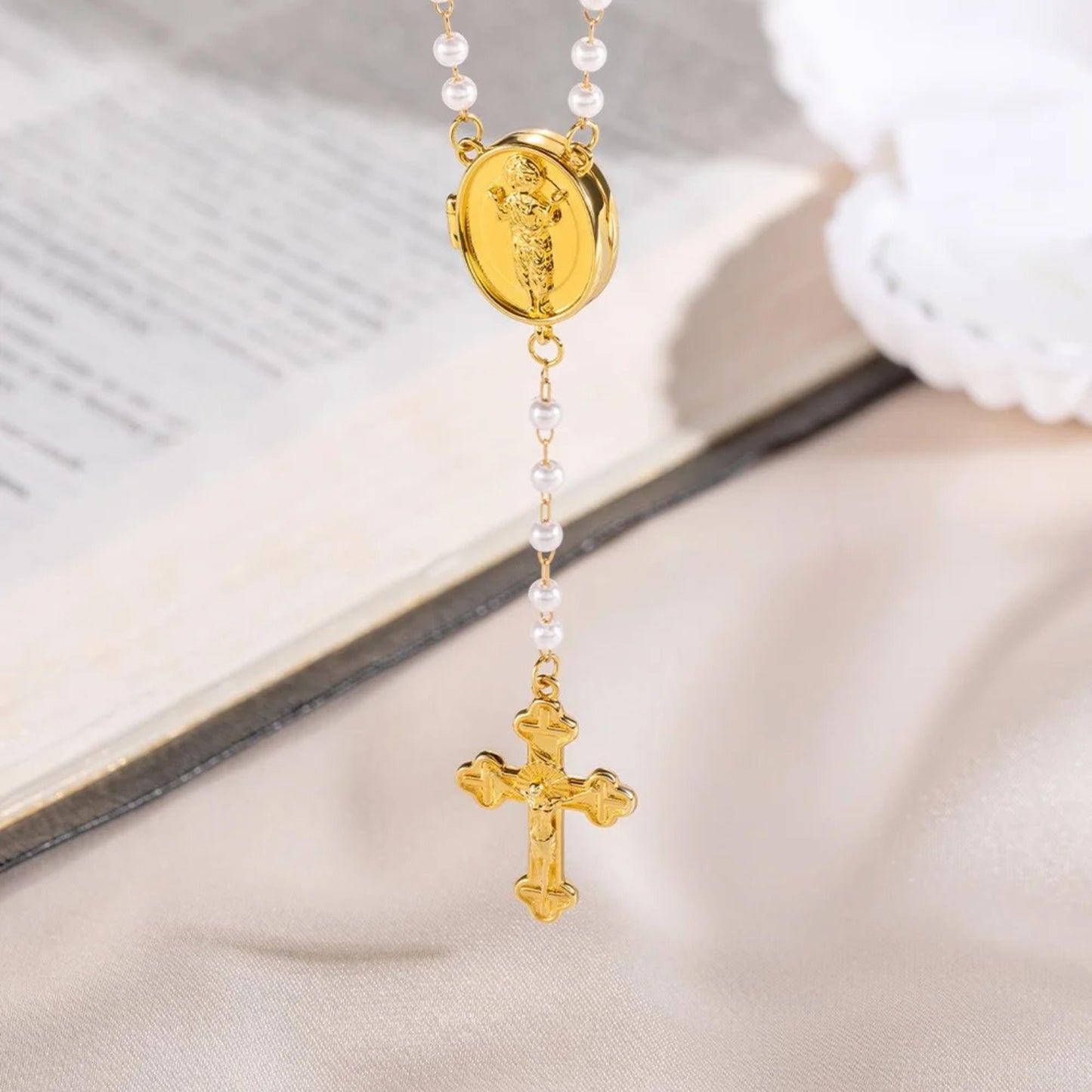 Custom Photo Locket Cross Pendant Rosary Necklace