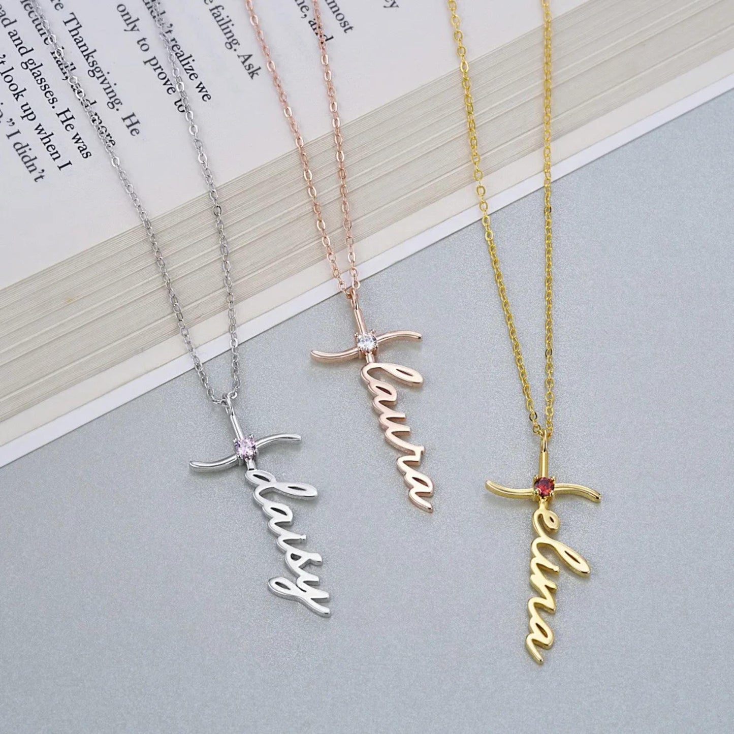 Custom Name & Birthstone Cross Necklace