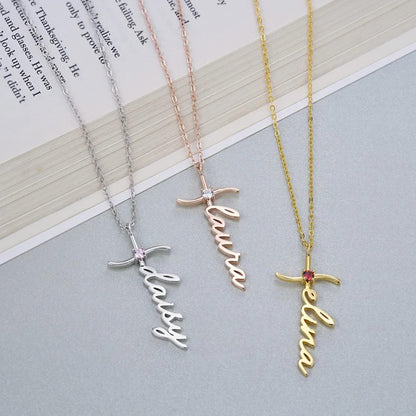 Custom Name & Birthstone Cross Necklace