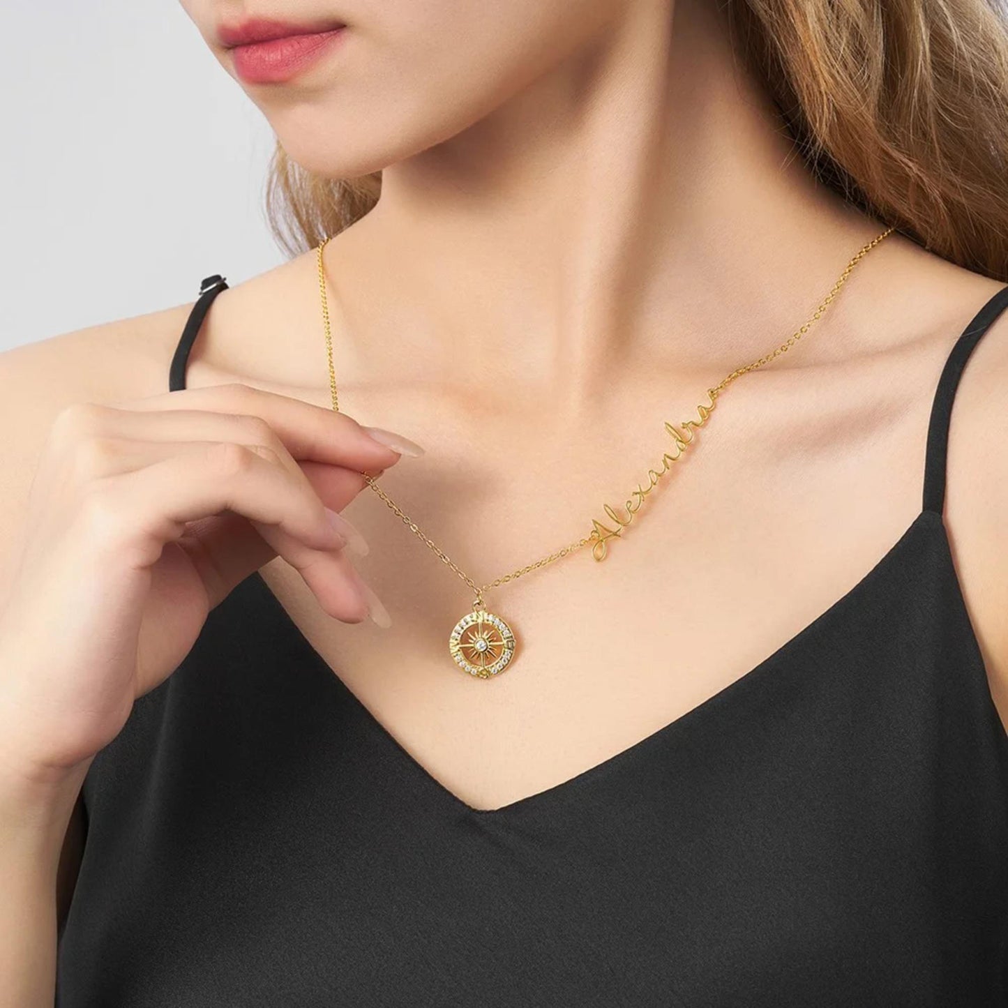 Personalized Sideways Name Compass Necklace