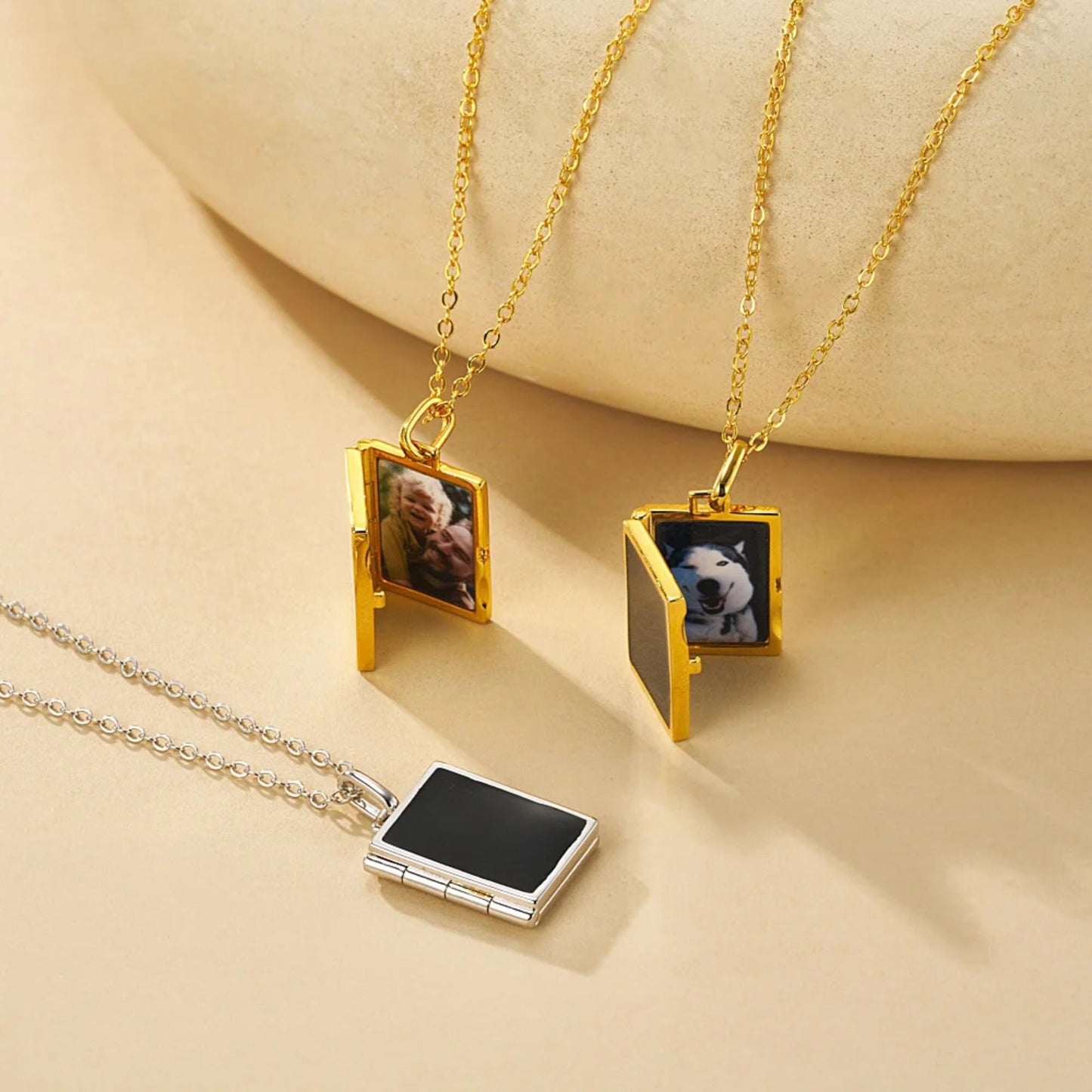 Enamel Rectangle Memorial Photo Locket Necklace