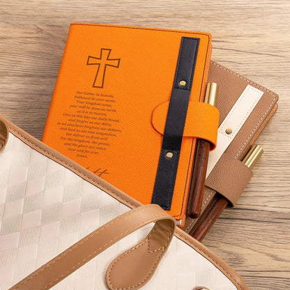 Cross Lord's Prayer Journal with PU Leather Cover & Wooden Pen