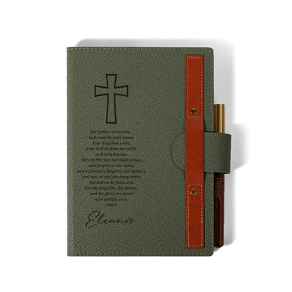 Cross Lord's Prayer Journal with PU Leather Cover & Wooden Pen