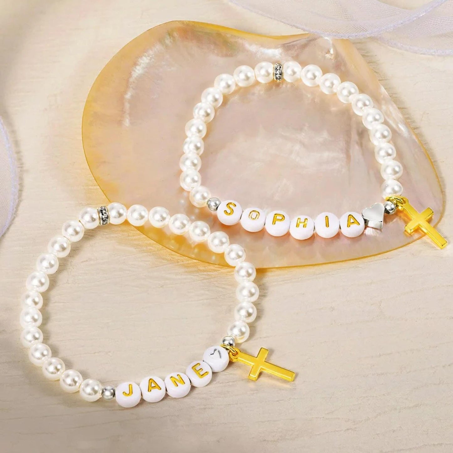 Name Beaded Gold Cross Bracelet with Faux Pearls & Initials