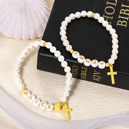 Name Beaded Gold Cross Bracelet with Faux Pearls & Initials