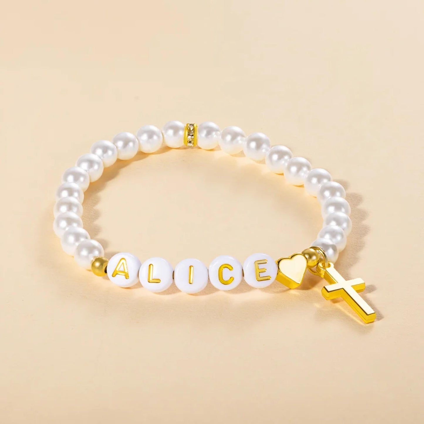 Name Beaded Gold Cross Bracelet with Faux Pearls & Initials