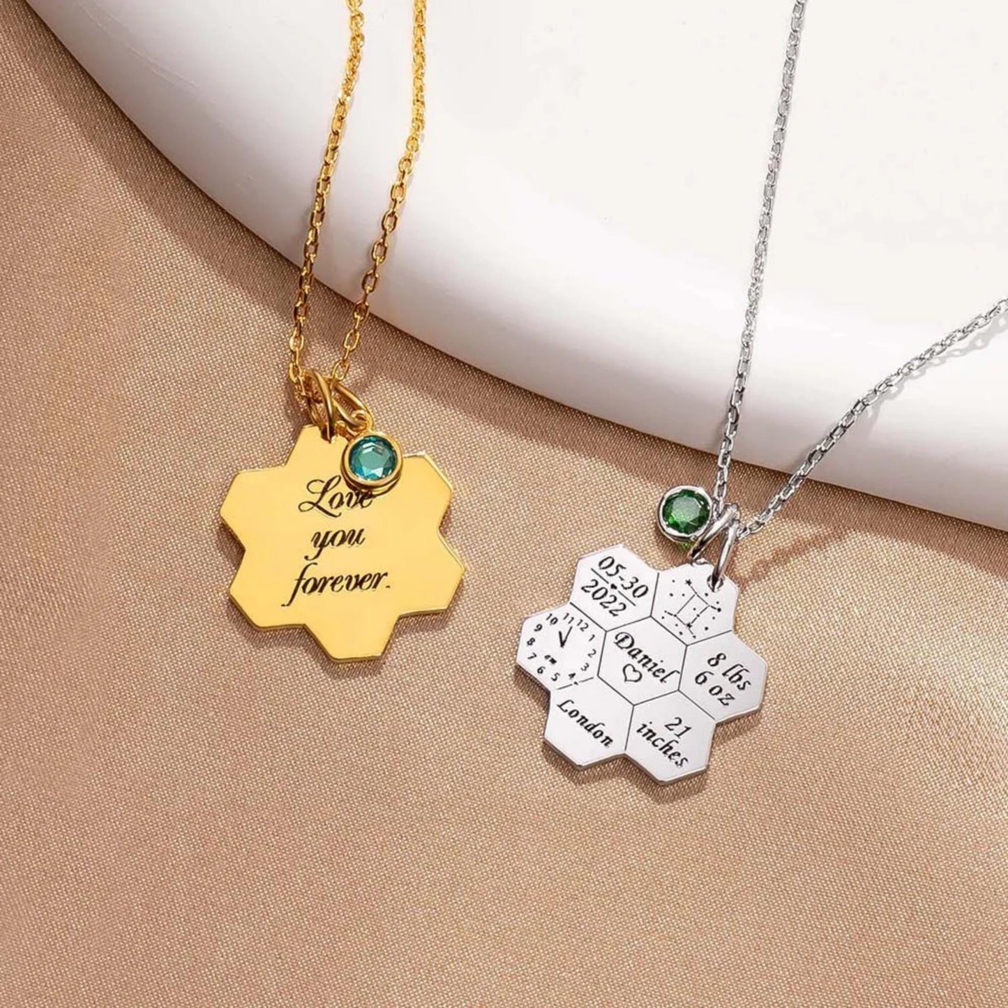 Honeycomb Baby Birth Stats Necklace with Birthstone