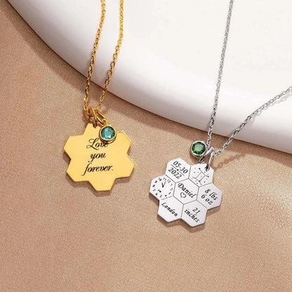 Honeycomb Baby Birth Stats Necklace with Birthstone