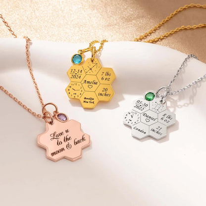 Honeycomb Baby Birth Stats Necklace with Birthstone