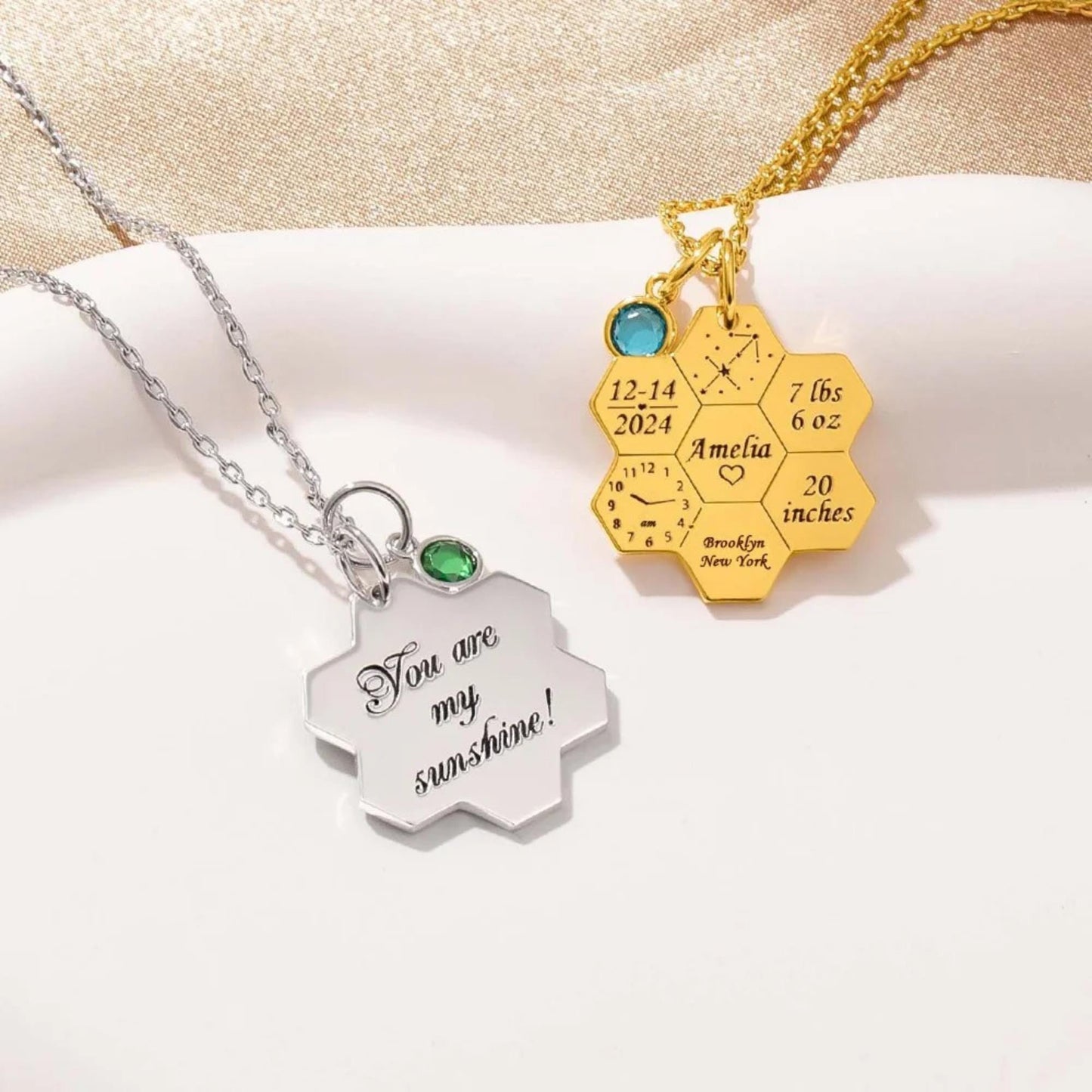 Honeycomb Baby Birth Stats Necklace with Birthstone