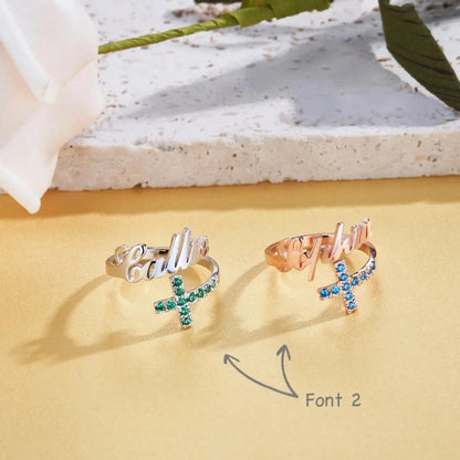 Name Cross Ring with Custom Birthstones