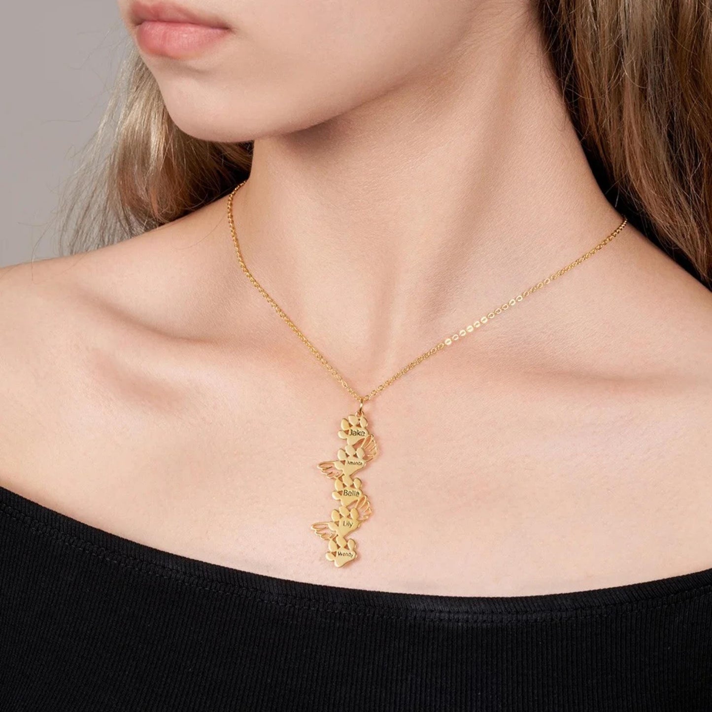 Personalized Paw Print Necklace with Angel Wings