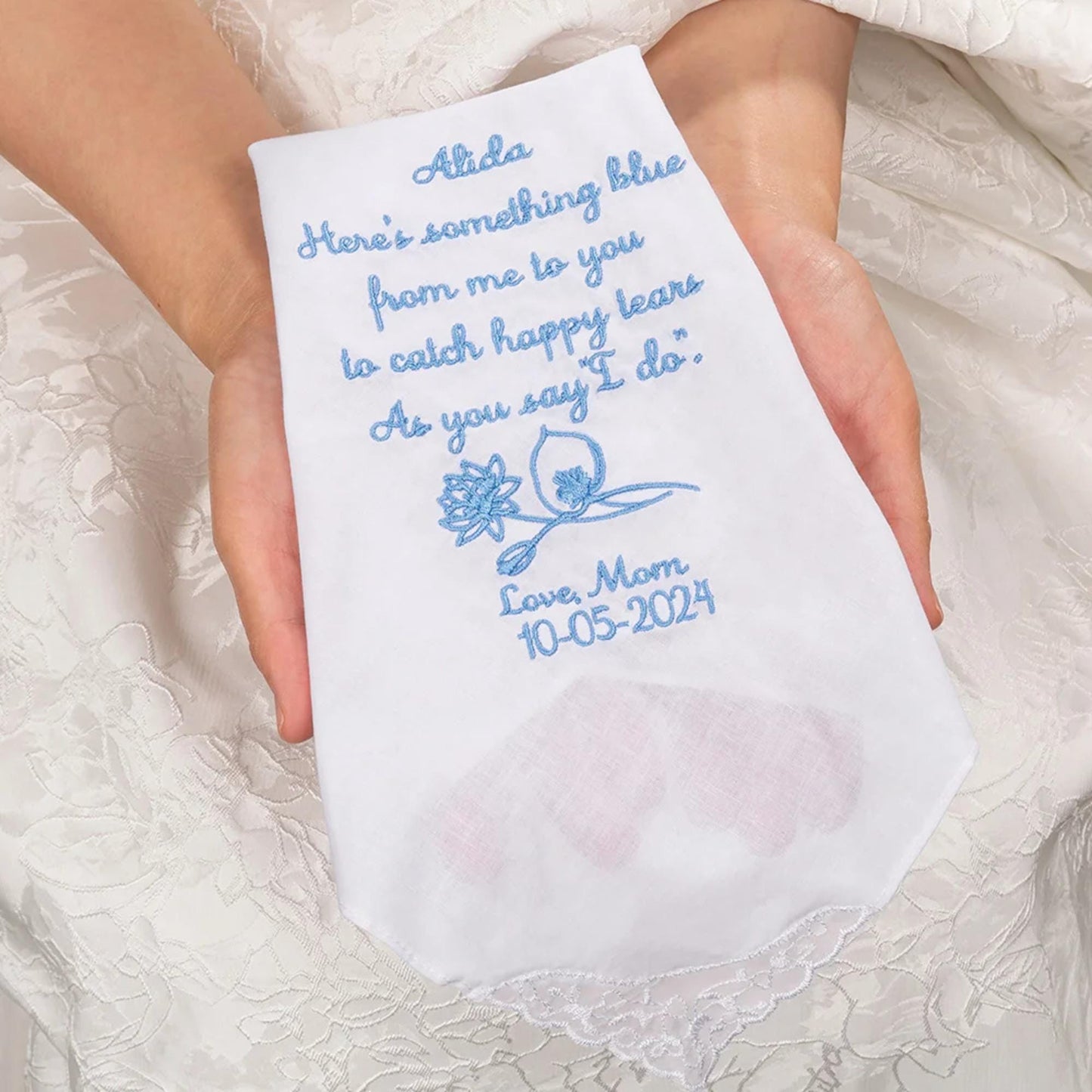 Embroidered Wedding Handkerchief with Birth Flower, Name & Date
