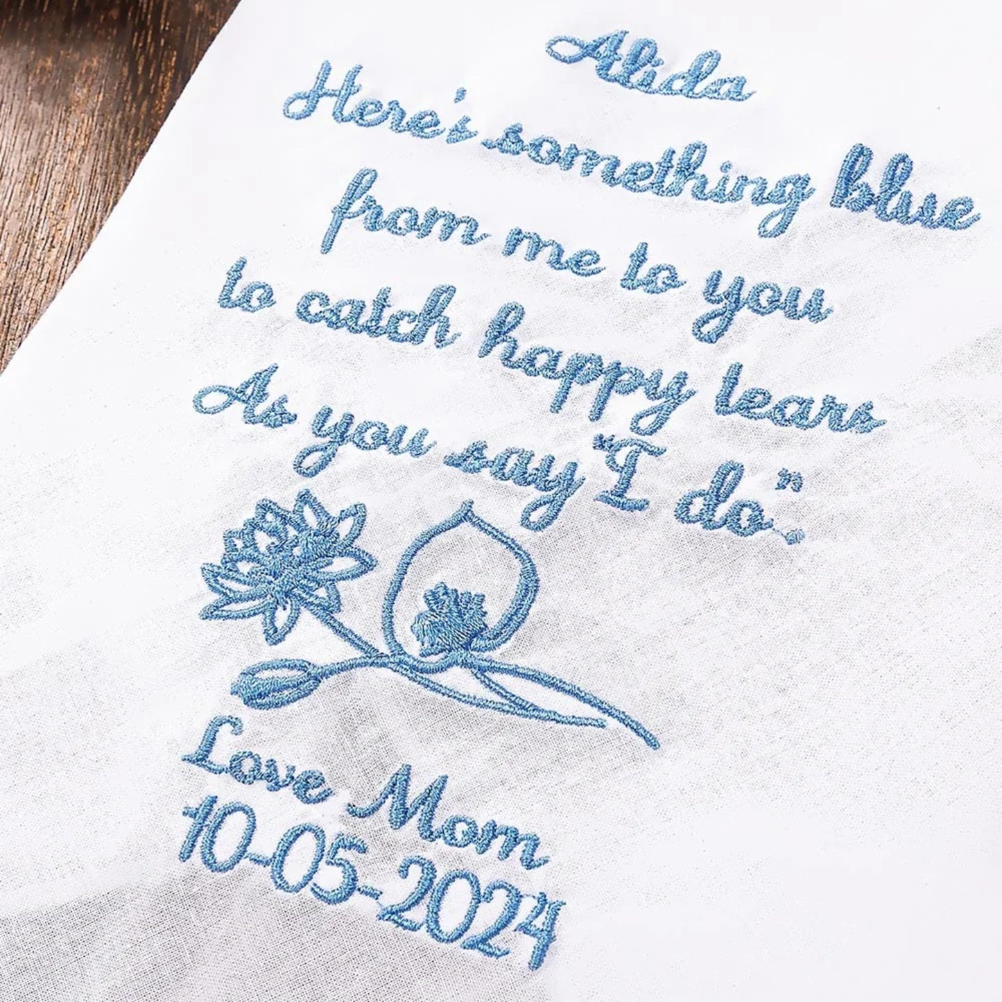 Embroidered Wedding Handkerchief with Birth Flower, Name & Date