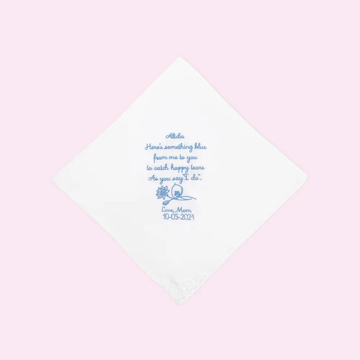 Embroidered Wedding Handkerchief with Birth Flower, Name & Date