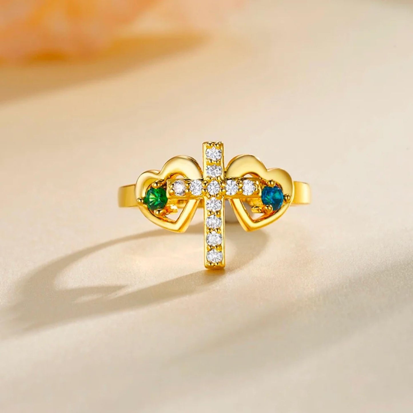 Engraved Double Birthstone Hearts Cross Ring