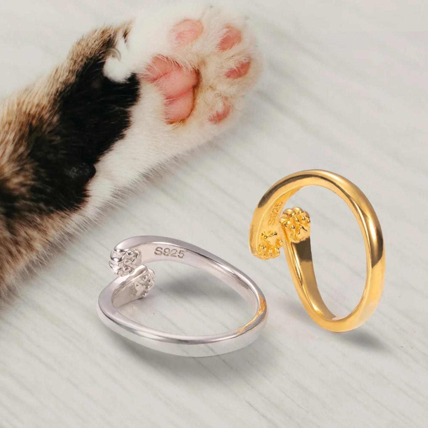 Sterling Silver 925 Engraved Cat Paw Imprint Hug Ring