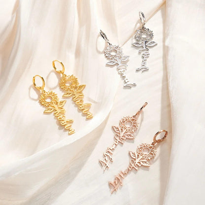 Custom Name Sunflower Huggie Earrings