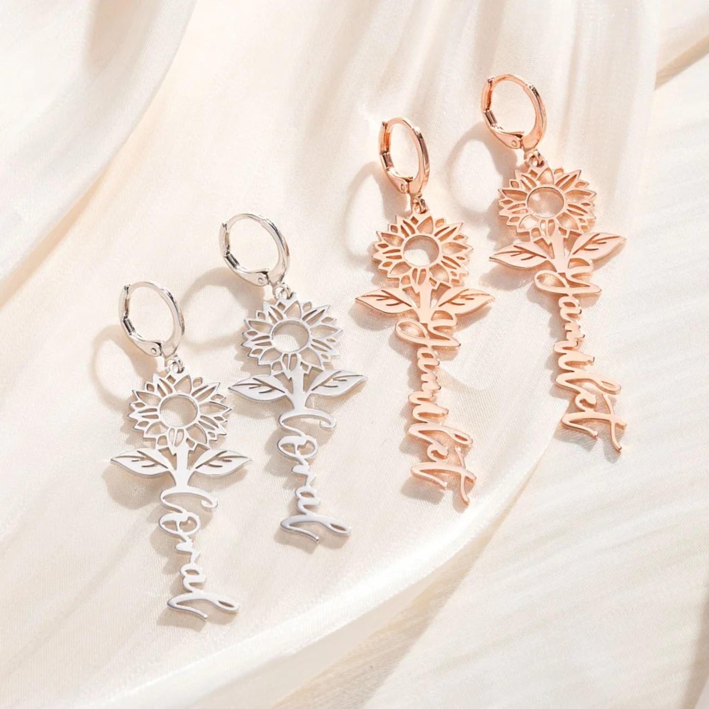 Custom Name Sunflower Huggie Earrings