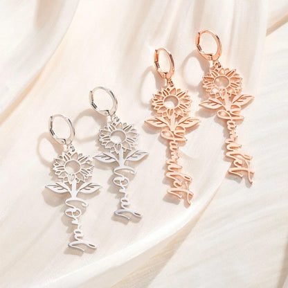 Custom Name Sunflower Huggie Earrings