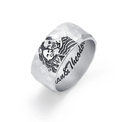 Custom Engraved Pet Portrait Hammered Ring with Inner Engraving